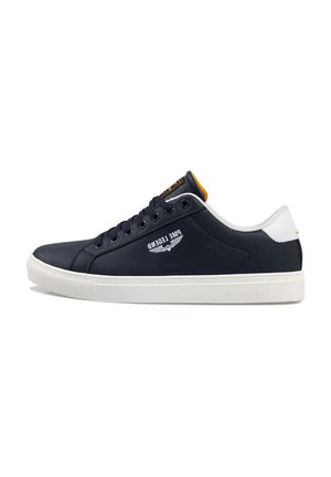 Baskets en cuir bleu marine avec semelle en caoutchouc blanche, accents jaunes contrastants et détail du logo sur le côté. Dotées d'un bout arrondi et d'un design à lacets.