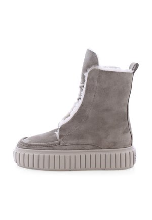 Gray suede ankle boots with white fur lining, thick beige rubber sole, and a round toe. Laces along the front with a pull tab at the back.