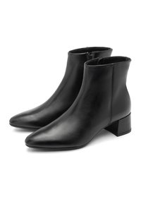 Pair of sleek black leather ankle boots with low block heels and side zippers, shown on a white background.