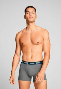 Gray boxer shorts made of soft fabric, featuring a navy waistband with 'PUMA' branding. Designed for comfort and a contemporary fit.