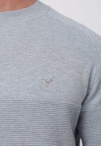 Pull tricoté gris clair avec texture côtelée, arborant un logo oiseau brodé subtil sur la poitrine gauche. Encolure ronde.