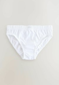 Hvide bomuldsunderbukser med elastisk talje, der har sammensynede sider for en tætsiddende pasform. Enkel, glat tekstur uden yderligere mønstre.