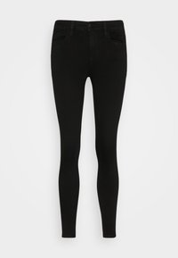 Sorte skinny jeans med en glatt denimtekstur, fem lommer, knapping foran og beltehemper. Tett passform hele veien.