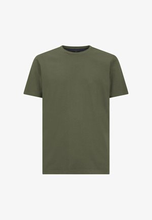 T-shirt in cotone verde oliva con collo a giro, maniche corte e un design semplice e privo di decorazioni, caratterizzato da una texture liscia.