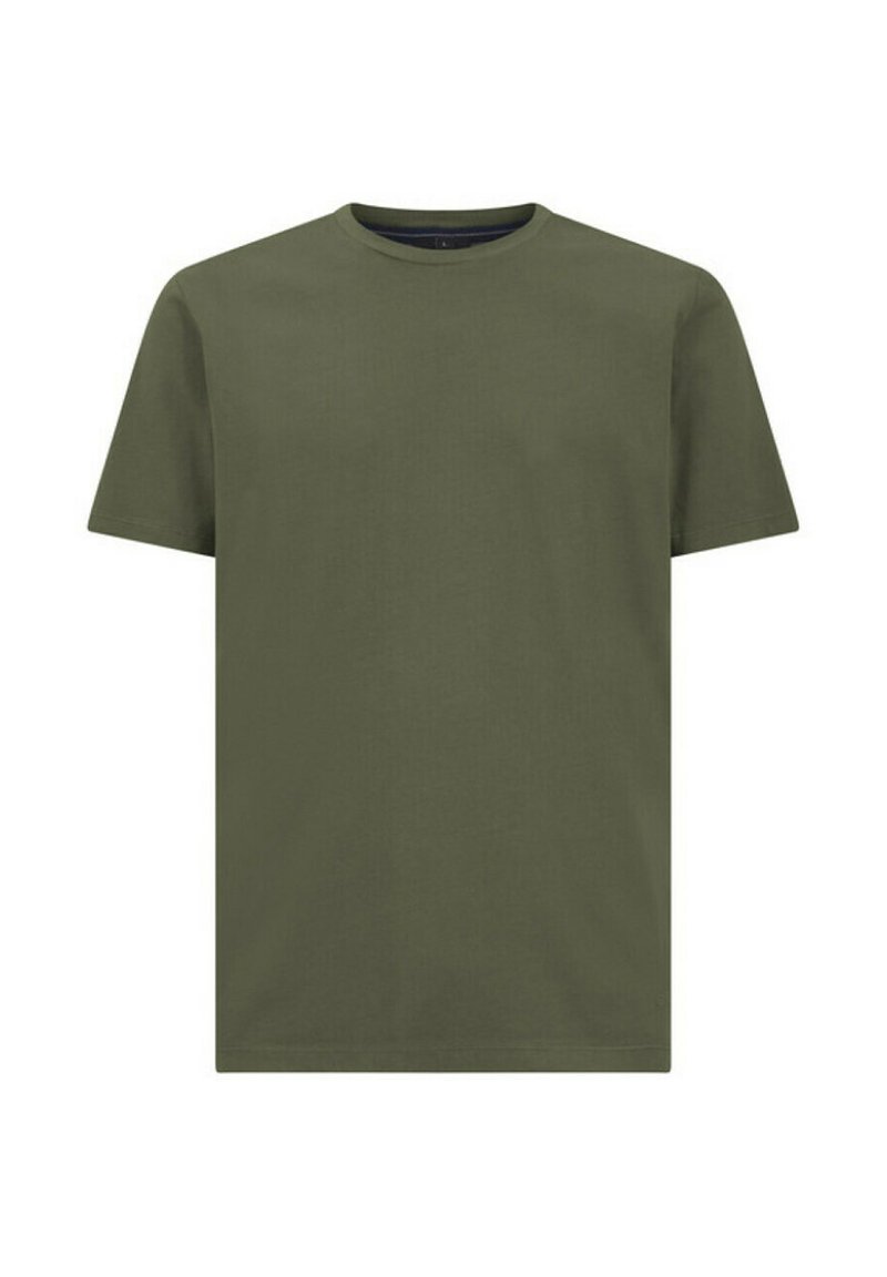 T-shirt in cotone verde oliva con collo a giro, maniche corte e un design semplice e privo di decorazioni, caratterizzato da una texture liscia.