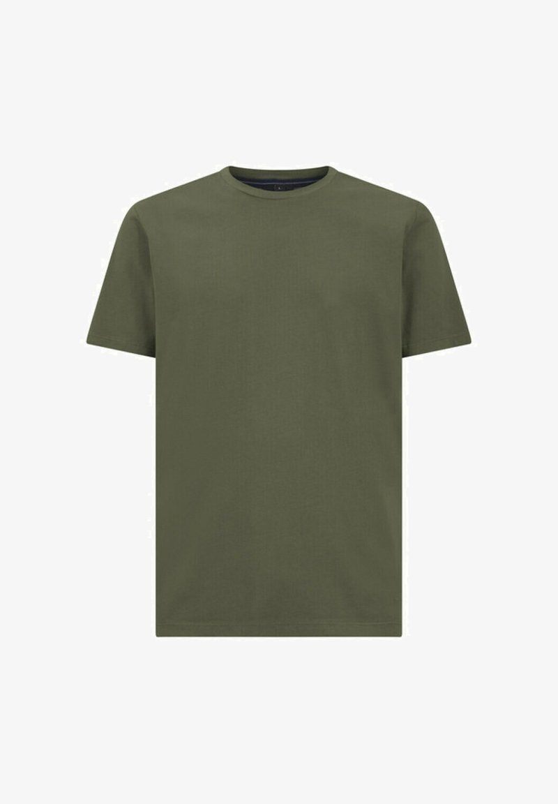 T-shirt in cotone verde oliva con collo a giro, maniche corte e un design semplice e privo di decorazioni, caratterizzato da una texture liscia.