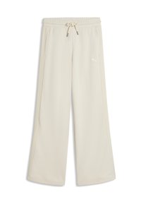 Pantalon de survêtement beige à jambes larges avec taille élastique, cordon de serrage, poches latérales et petit logo Puma blanc sur la cuisse gauche.