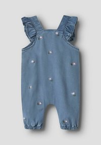 Denim dress med rysjedetaljer på stroppene, med broderte blomster i lilla og grønt. Elastiske mansjetter ved anklene. Lys blå farge.