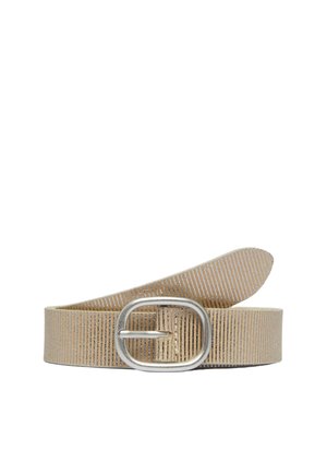 Skórzany pasek w kolorze jasnobrązowym z cienkimi pionowymi paskami i zaokrągloną srebrną metalową klamrą, zwinięty z końcem wsuniętym do środka.