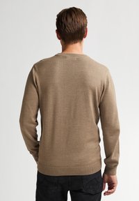 Maglione beige a collo rotondo realizzato in tessuto morbido, con orlo e polsini a coste, visibile da dietro, caratterizzato da un design semplice e classico.