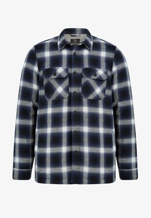 Camicia flanella da uomo in blu navy con motivo a scacchi bianco. Presenta due tasche sul petto, chiusura con bottoni e maniche lunghe. Tessuto morbido.