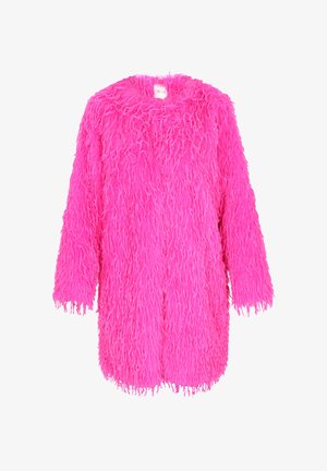 Fuzzy, oversized pink coat made of synthetic material, featuring a shaggy texture, long sleeves, and a round neckline.