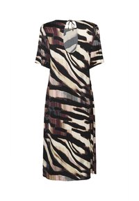 Kurzes Kleid mit abstraktem Zebra-Streifenmuster in Schwarz, Creme, Braun und sanftem Rosa, das einen Schlüsselaugen-Rücken mit Bindeschluss aufweist.