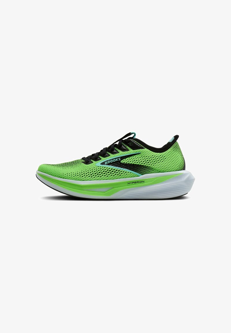 Chaussure de course pour homme en mesh vert vif avec des accents noirs, design élégant, semelle légère et logo "HYPERION" sur le côté.