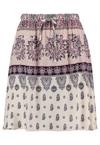 Hame floral-kuvioissa vaaleassa kermanvärisessä sävyssä, jossa on vaaleanpunaisia ja tummansinisia yksityiskohtia. Varustettu joustavalla vyötäröllä, jossa on nylonnaru ja sekä ilmava siluetti.