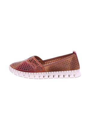 Brown and red perforated slip-on shoe with a flexible white sole featuring geometric cutouts and textured accents.