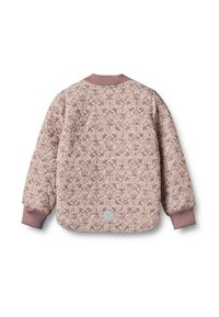 Hele roosa lillemustriga topp-jakk, millel on soonikkoes mansetid ja krae ning ümara kujuga logoembleem äärel. Struktuurne pind.