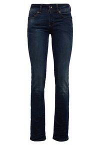 Mörkblå denimjeans med slim fit. Har fem fickor, gylf med dragkedja och en subtil blekning. Slät textur och klassisk rak ben-design.