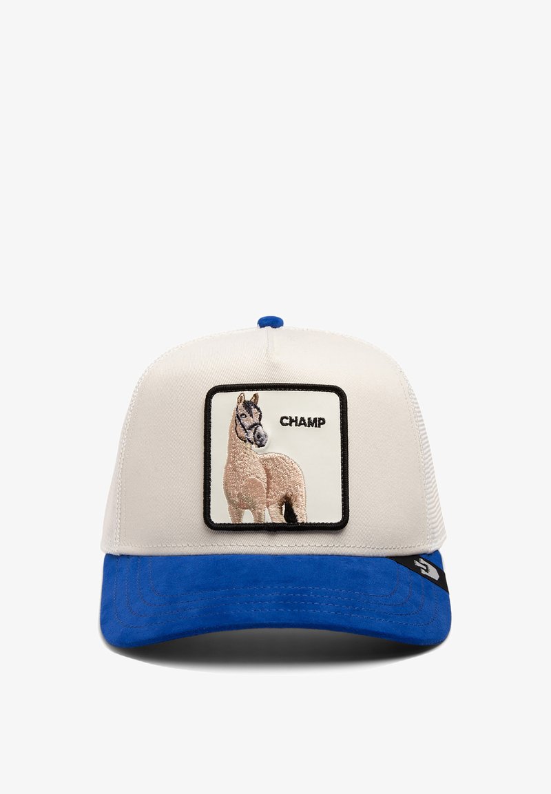 White trucker cap with blue suede brim. Features a square embroidered patch of a horse labeled "CHAMP." Back mesh for ventilation.