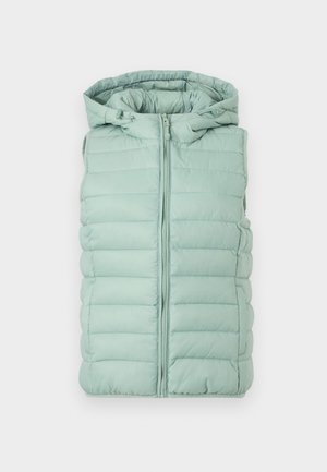 Light green sleeveless puffer vest with front zipper and attached hood featuring adjustable drawstrings.