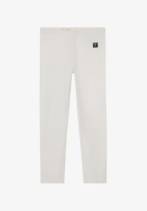 Weiße Leggings aus weichem, dehnbarem Stoff. Sie haben einen flachen Taillenbund und ein kleines, quadratisches Logoschild in der oberen linken Ecke.