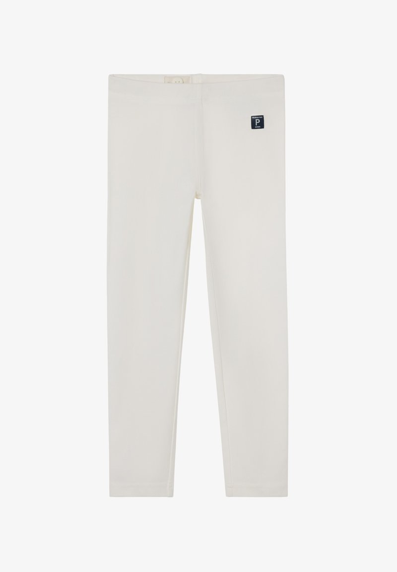 Hvide leggings lavet af blødt, strækbart stof. De har en flad talje og et lille, firkantet logo-tag i det øvre venstre hjørne.