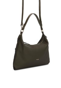 Olíva zöld bőr válltáska sima felülettel, állítható pántokkal és cipzáros záródással. Fémes logó díszítéssel rendelkezik.