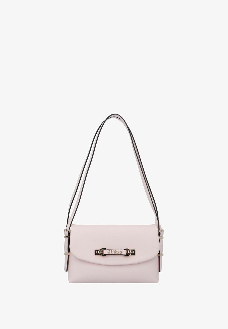 Light pink synthetic handbag with a flap closure, black strap, and silver hardware featuring a logo accent on the front.