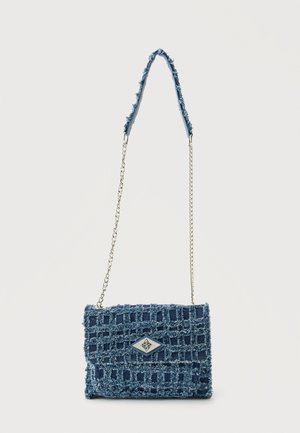Blue textured fabric shoulder bag with silver chain strap and flap closure featuring a silver diamond-shaped logo emblem.