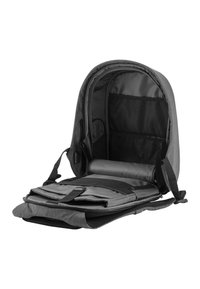 Zaino in tessuto grigio con scomparto con zip, interno imbottito, spallacci regolabili e diversi taschini in rete e a roll-top per l'organizzazione.