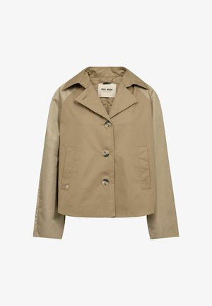 Beige rövid kabát három gombbal, két elülső zsebbel, széles gallérral és hosszú ujjakkal a MOS MOSH márkától.