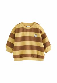 Suéter de bebé de manga larga con rayas amarillas y marrones, con un pequeño parche de cara de oso en el pecho izquierdo y botones a presión en el hombro.