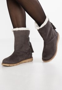 Bottes chevilles en daim gris avec un revers en fausse fourrure, présentant des accents de boutons et une semelle texturée avec un léger talon.