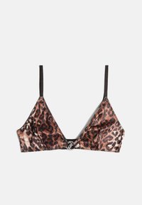 Luipaardprint bralette van zijden stof met zwarte banden, V-hals ontwerp en een metallic sluiting aan de voorkant.