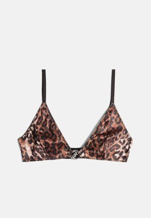 Luipaardprint bralette van zijden stof met zwarte banden, V-hals ontwerp en een metallic sluiting aan de voorkant.
