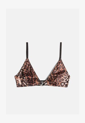 Leopardenmuster Bralette aus seidigem Material mit schwarzen Trägern, V-Ausschnitt-Design und einem metallischen Verschluss in der Mitte vorne.