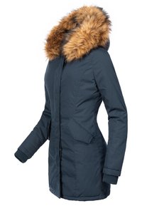 Parka blu navy con cappuccio in pelliccia sintetica, chiusura con zip frontale, due tasche laterali, polsini a coste e texture liscia. Ideale per indossare in climi freddi.