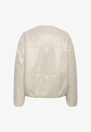 Kūno spalvos pūkinė striukė, pasižymi blizgia, siuvinėta išorine dalimi, trumpu siluetu ir elastinga apačia su pažemintais pečiais.