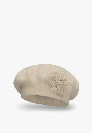Beige kötött beret, három hímzett rózsa díszítéssel és finom fénylésével. Puha tapintású, laza, lekerekített formával.