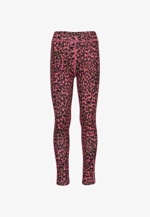 Leggings ajustés en rose avec un motif léopard noir. Fabriqués en tissu extensible à texture lisse et dotés d'une large ceinture.
