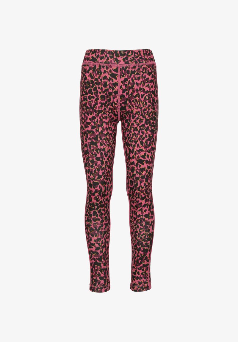 Leggings ajustés en rose avec un motif léopard noir. Fabriqués en tissu extensible à texture lisse et dotés d'une large ceinture.
