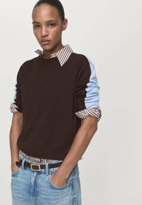 Young woman wearing a brown and light blue sweater over a striped shirt, with hands in pocket, against a plain light background.