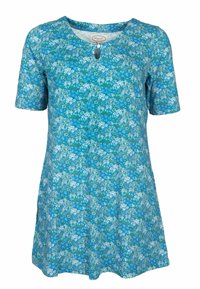 Blumenkleid in Blau- und Grüntönen, kurzärmlig, mit rundem Halsausschnitt, versehen mit einem Knopf-Detail am Hals, aus weichem Stoff gefertigt.