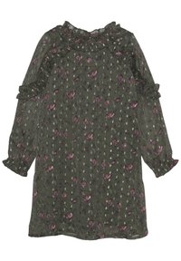 Mörkgrön klänning i lätt, genomskinlig tyg med blommönster i lila och vitt. Har volangkrage och volangärmar.