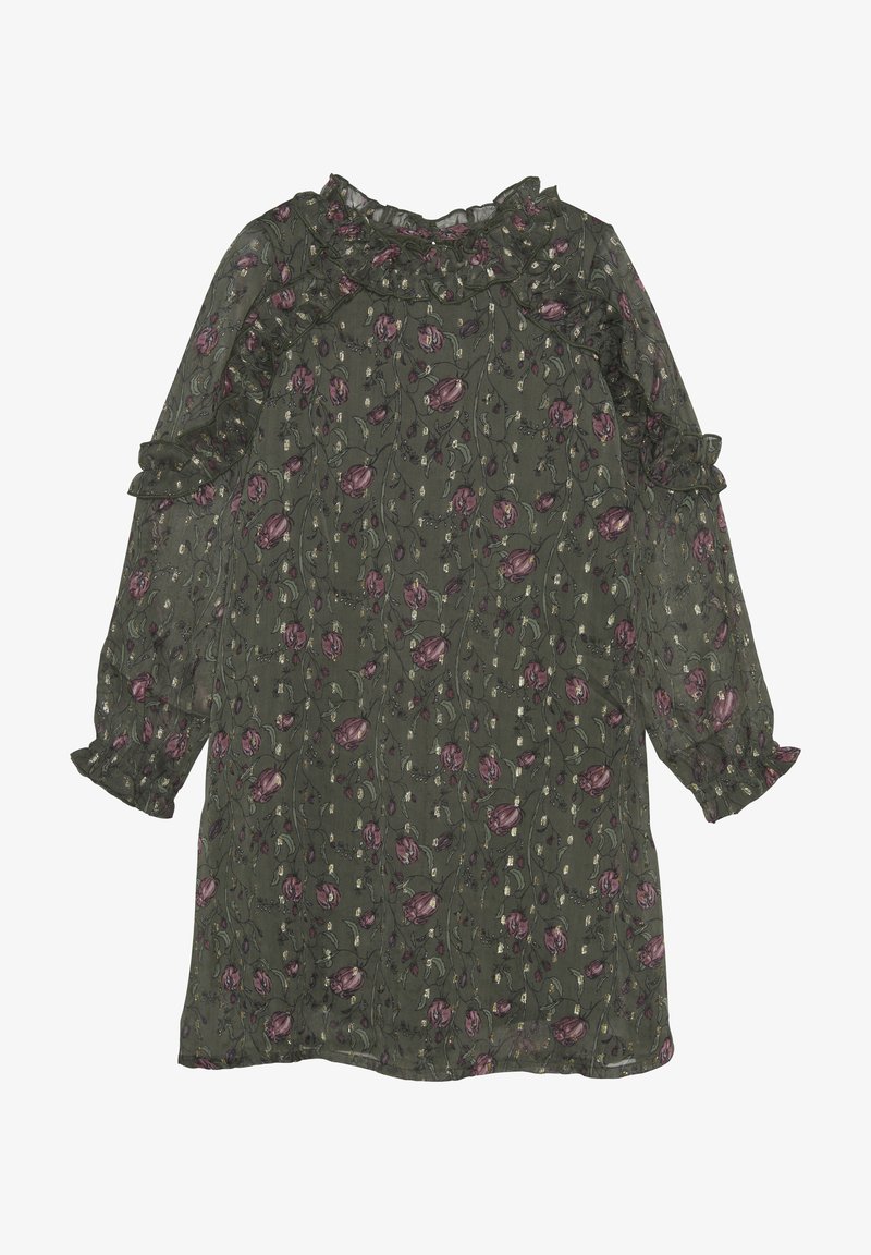 Mörkgrön klänning i lätt, genomskinlig tyg med blommönster i lila och vitt. Har volangkrage och volangärmar.