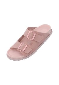 Pink suede slide sandal with two adjustable straps, matching buckles, and a textured sole for grip. Lightweight and casual design.