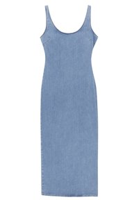 Robe en denim bleu clair avec une silhouette cintrée, un col en U et de fines bretelles. Présente des coutures discrètes et un ourlet droit.