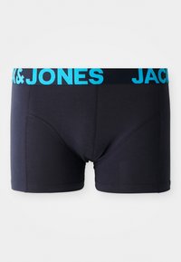 Zwarte boxershorts met een elastische tailleband met de blauwe tekst "JACK & JONES". Glad materiaal met een slim fit ontwerp en geen extra patronen.