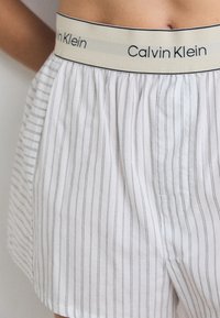 Calvin Klein prugasti bokserice s elastičnom trakom, prikazane od struka prema dolje, ističući tkaninu i detalje dizajna.