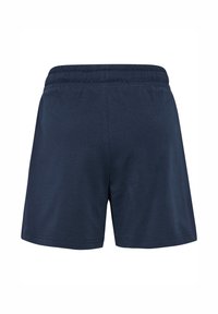 Marina blå bomullsshorts med elastisk midja, med en slät yta och enkel design. Inga fickor eller ytterligare detaljer synliga.